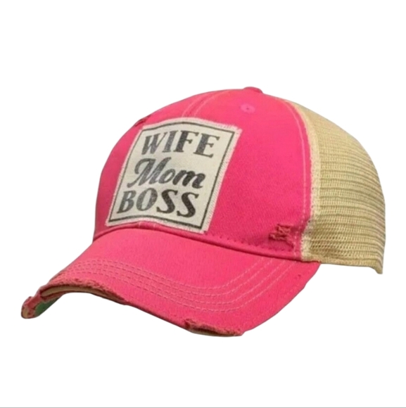 Distressed "Wife Mom Boss"  Mesh Back Trucker Hat - Picture 1 of 6